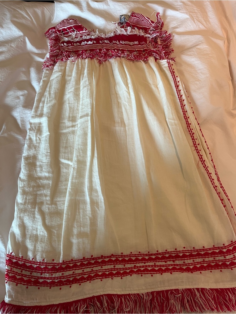 Sea New York White Cotton A-Line Dress with Red Embroidered Trim